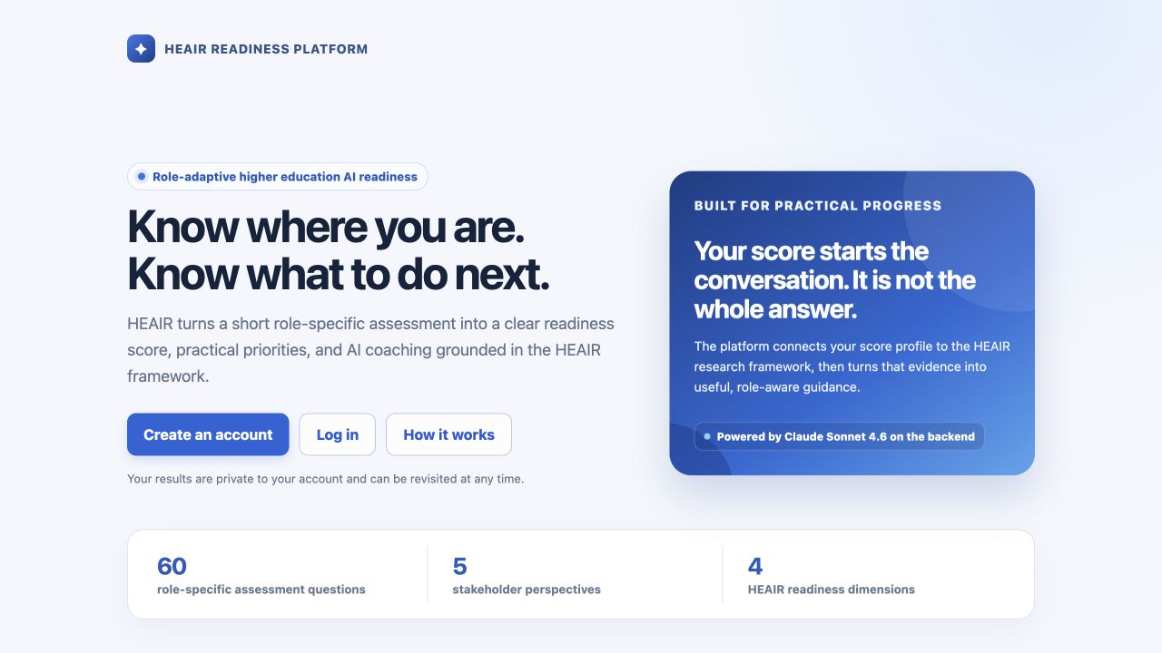 HEAIR Readiness Platform assessment landing page