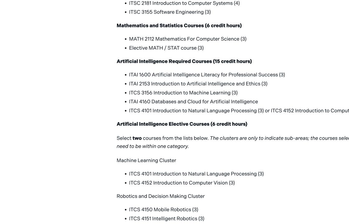 UNC Charlotte artificial intelligence curriculum showing ITAI 1600 Artificial Intelligence Literacy for Professional Success