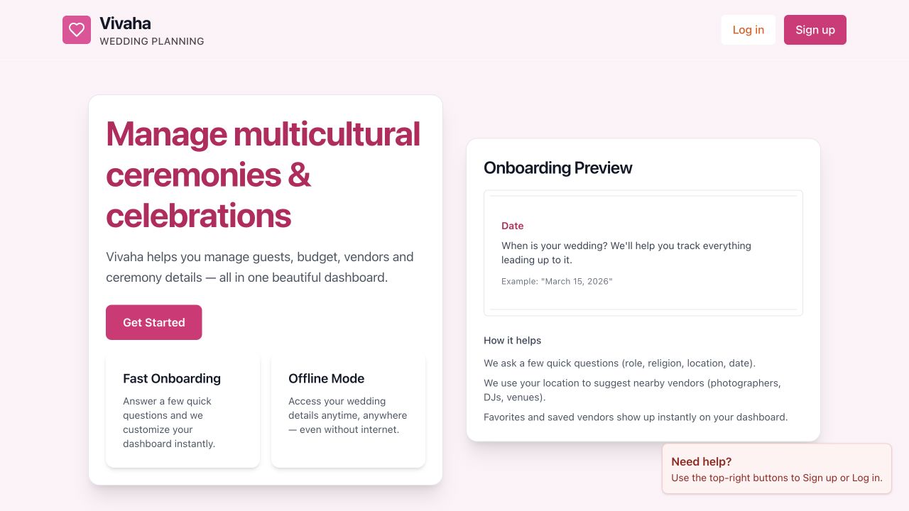 Vivaha wedding planning product landing page